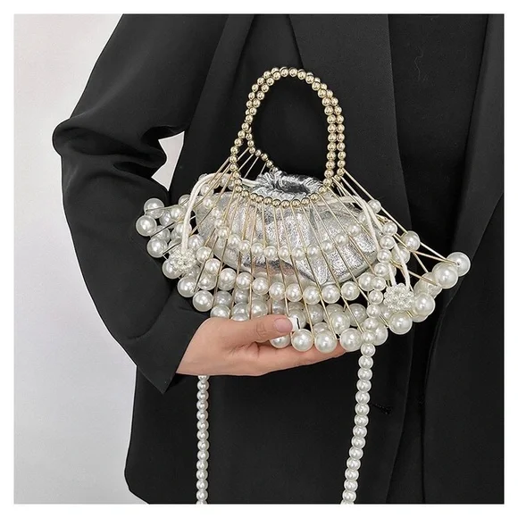 women's pearl chain oblique hollow handbag - Picture 5 of 16